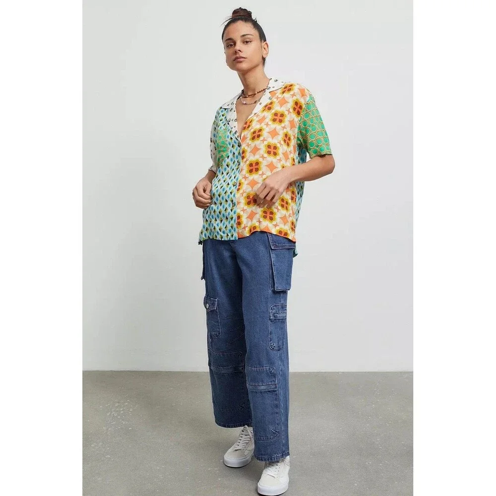 Urban Outfitters UO Gardenia Souvenir Button Down Top Patchwork Blouse Medium - Picture 3 of 12